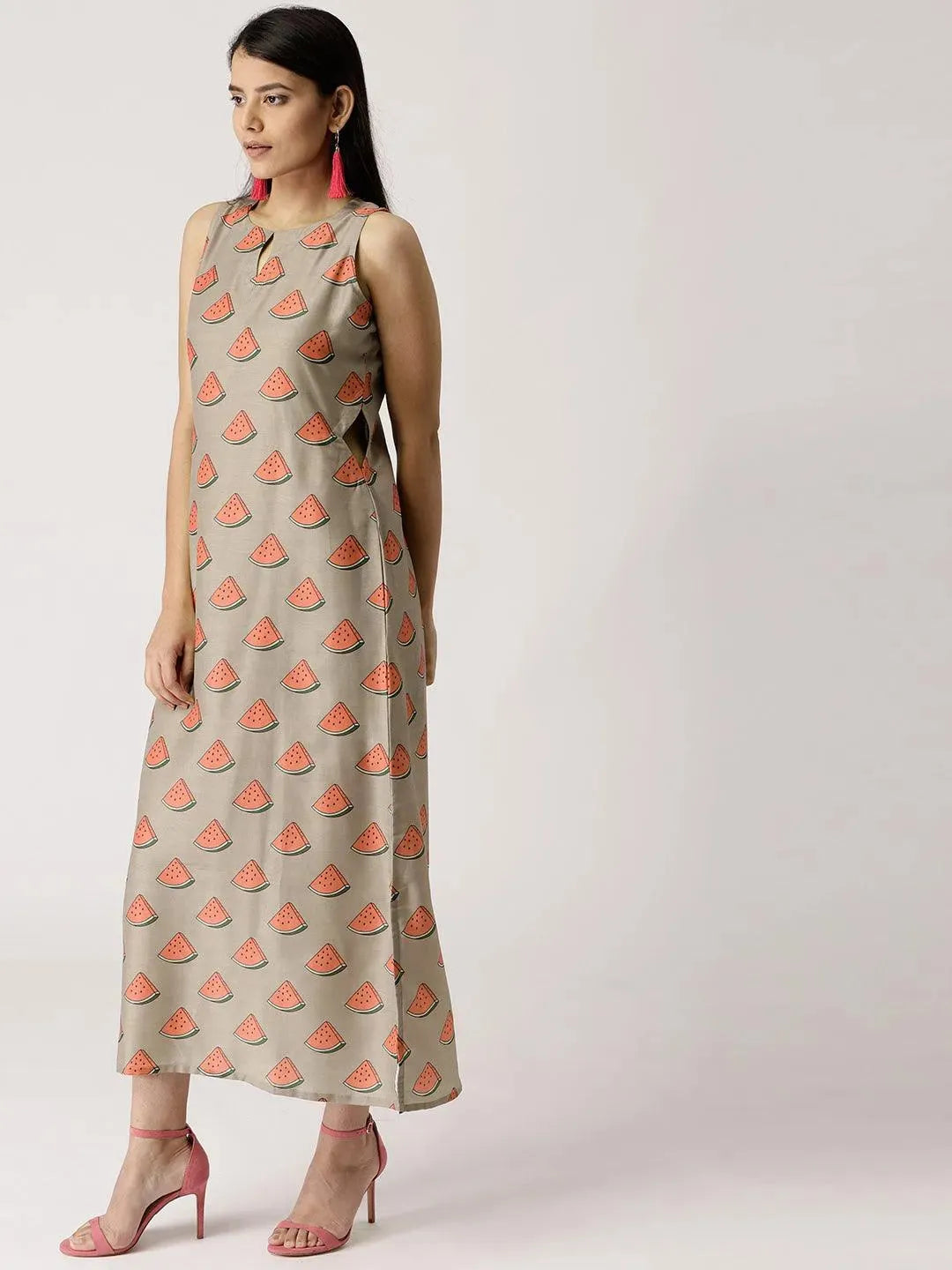 Brown Printed Silk Dress - Libas