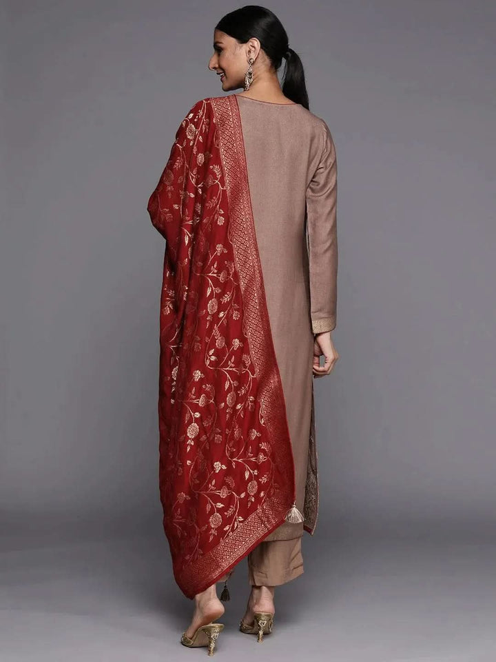 Brown Self Design Pashmina Wool Straight Suit Set - Libas