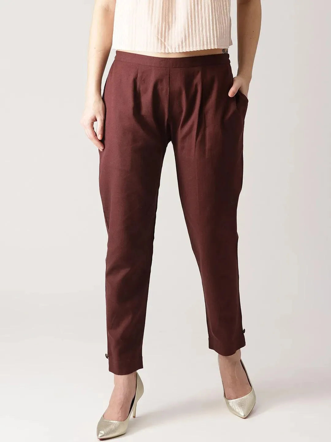 Brown Solid Cotton Trousers - Libas