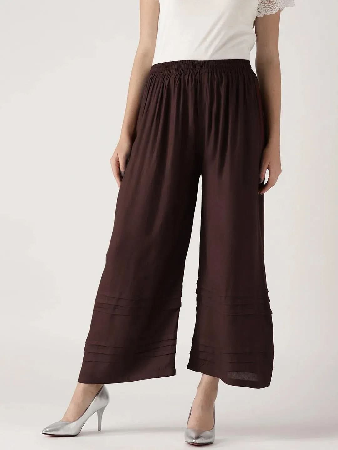 Brown Solid Rayon Palazzos - Libas
