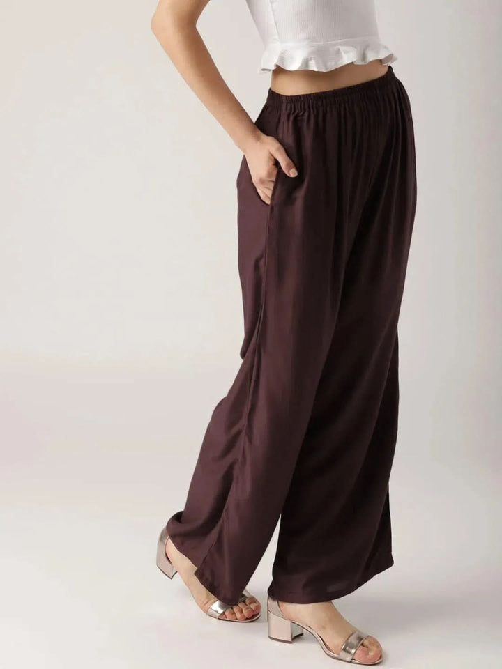 Brown Solid Rayon Palazzos - Libas