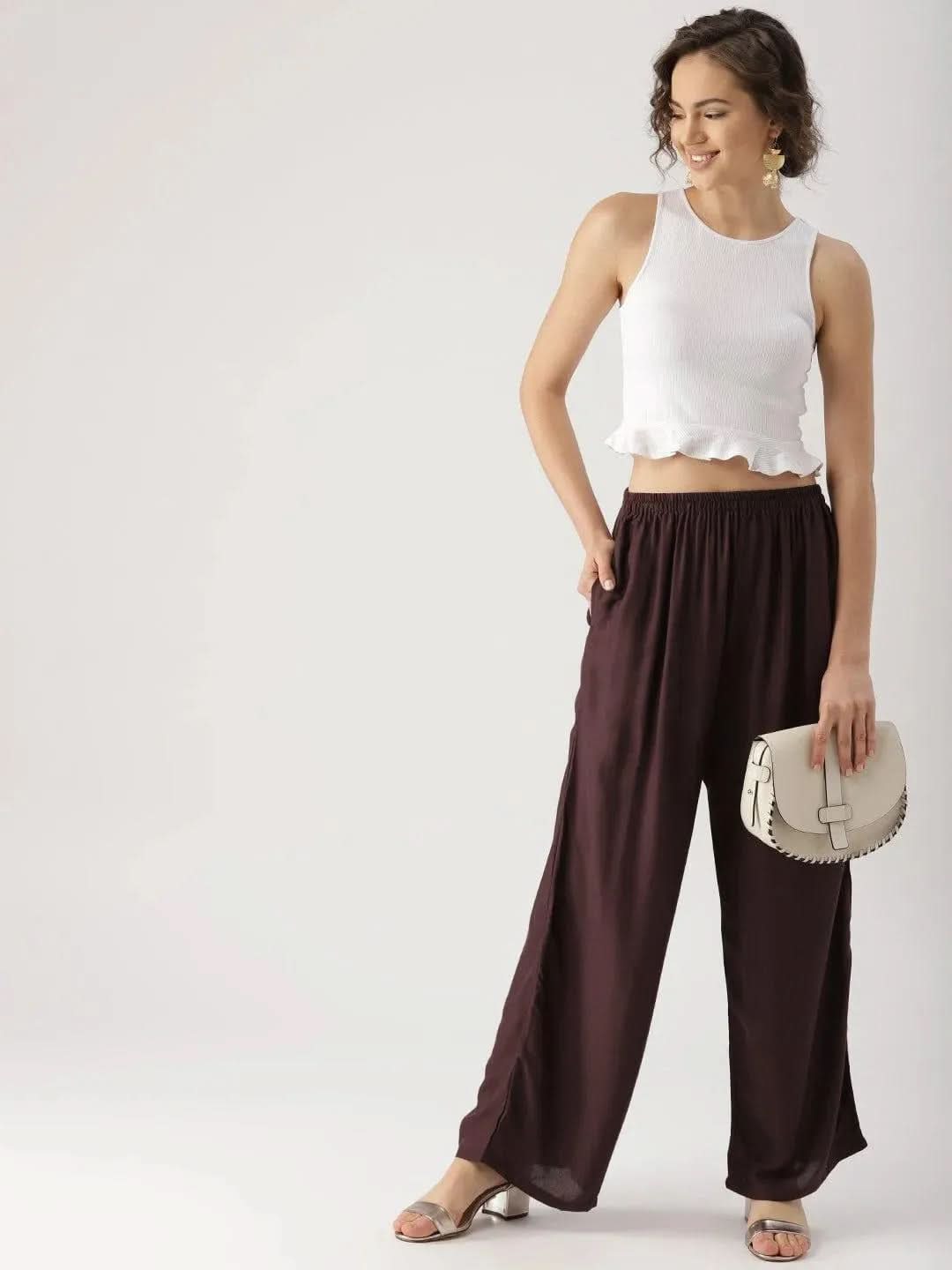 Brown Solid Rayon Palazzos - Libas
