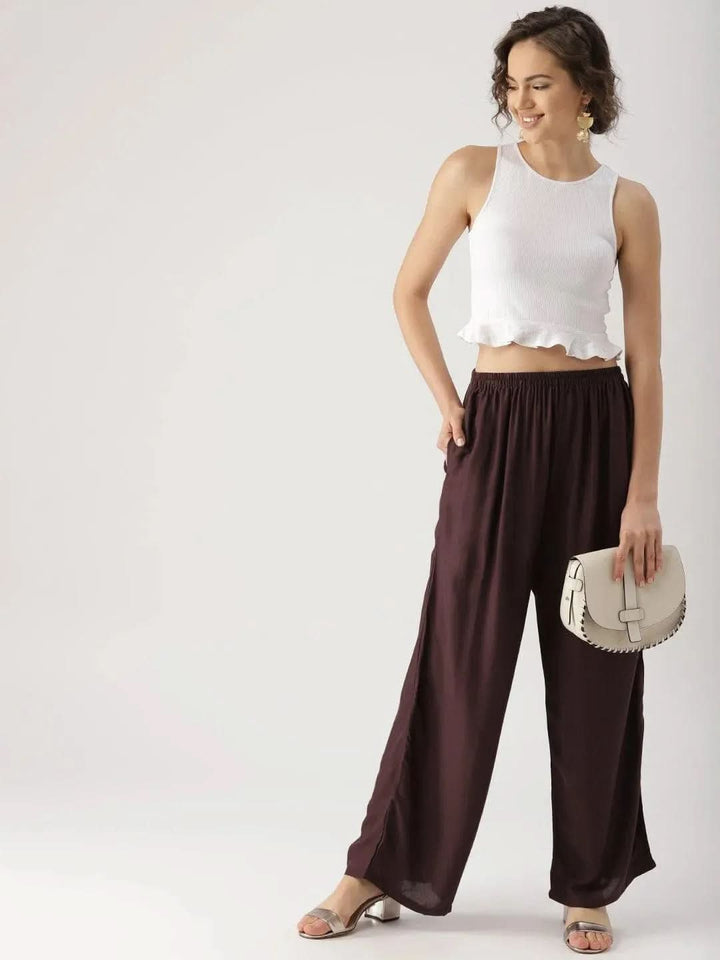 Brown Solid Rayon Palazzos - Libas