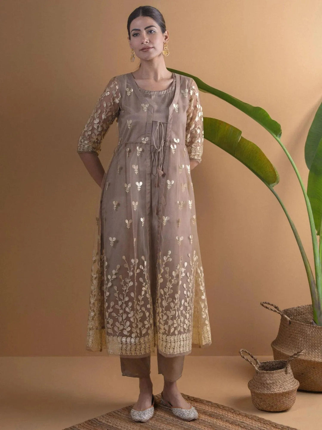 Brown Solid Shantoon Kurta Set With Jacket - Libas