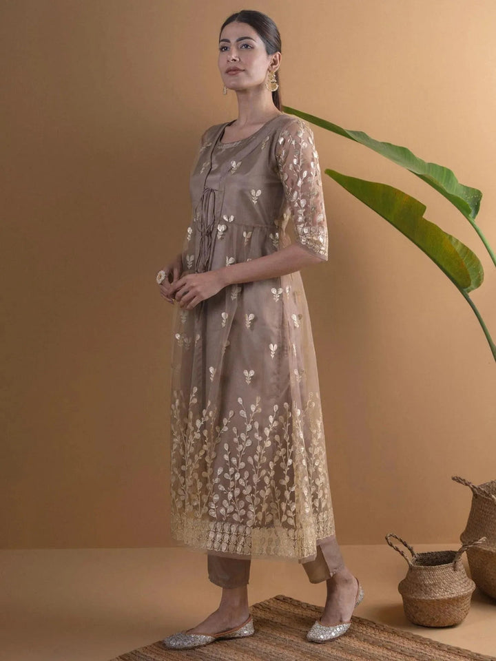 Brown Solid Shantoon Kurta Set With Jacket - Libas