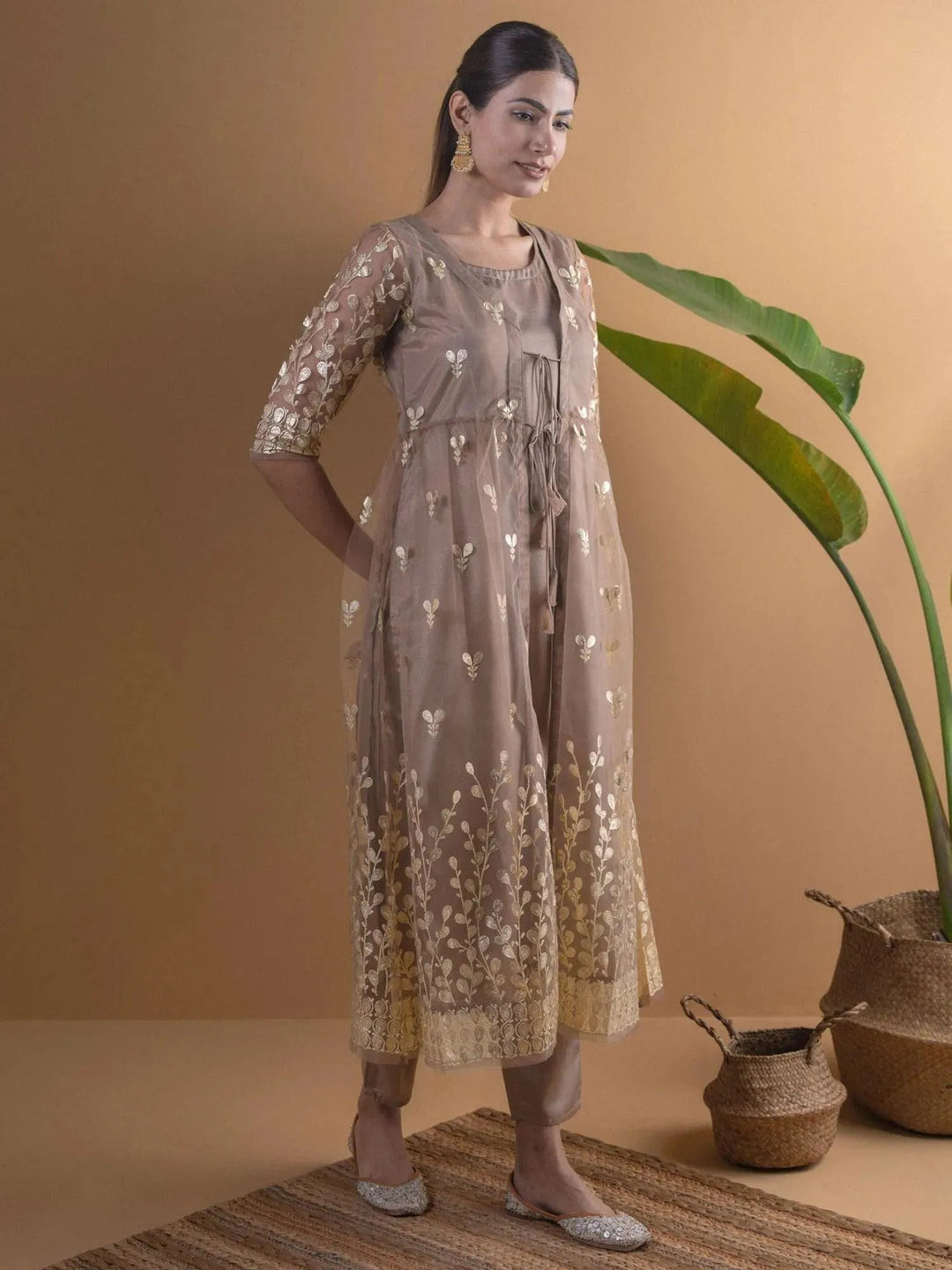 Brown Solid Shantoon Kurta Set With Jacket - Libas