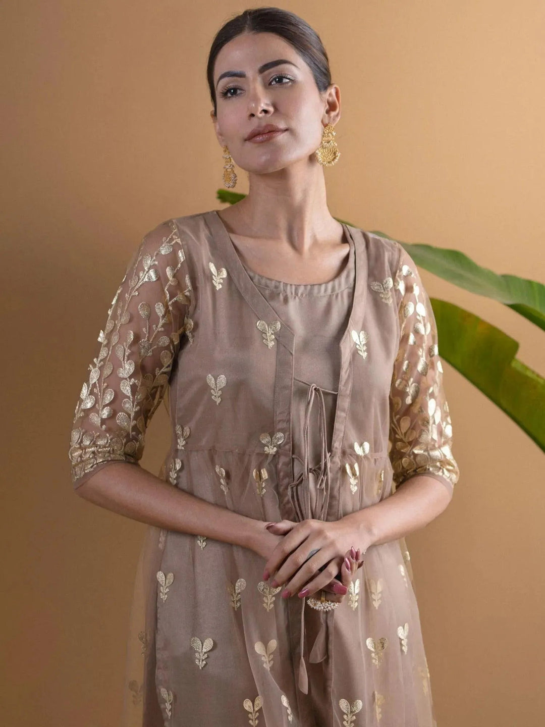 Brown Solid Shantoon Kurta Set With Jacket - Libas