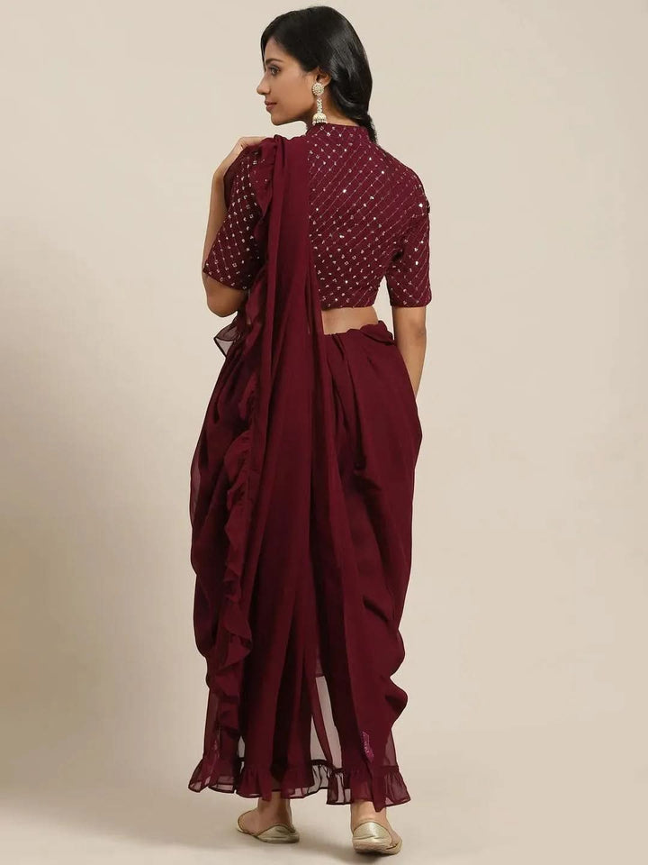Burgundy Embellished Georgette Dhoti Saree - Libas