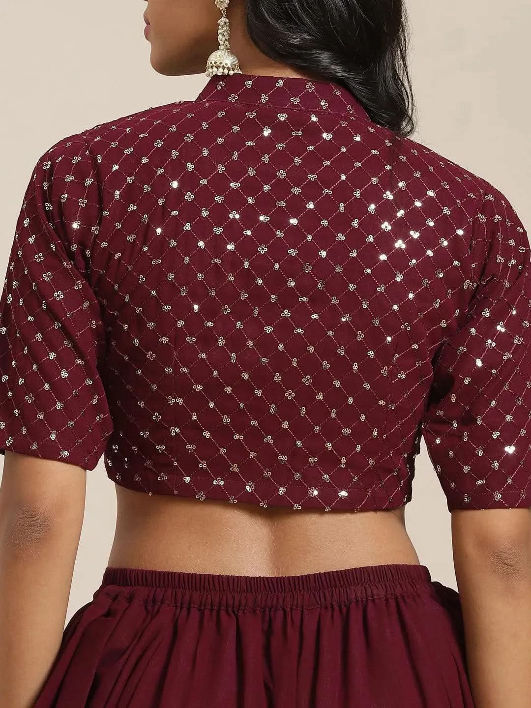 Burgundy Embellished Georgette Dhoti Saree - Libas