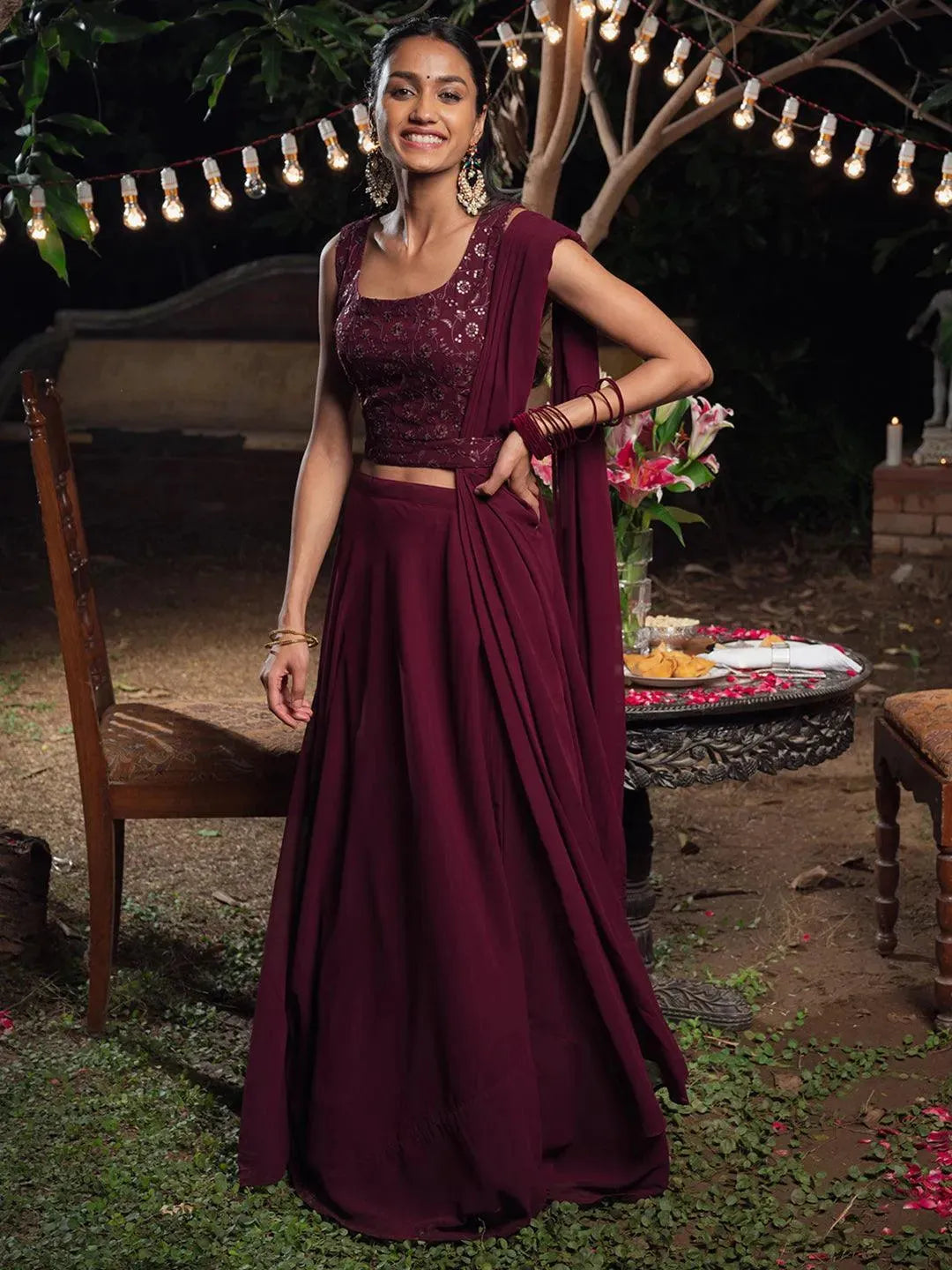 Burgundy Embroidered Georgette Lehenga Set
Burgundy Embroidered Georgette Lehenga Set