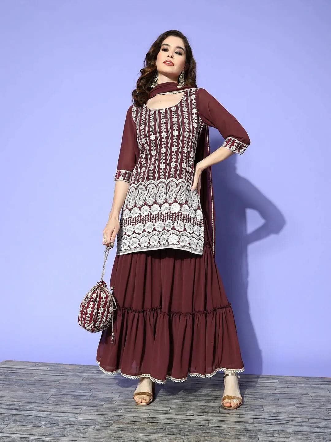 Burgundy Embroidered Georgette Straight Sharara Suit Set With Potli - Libas