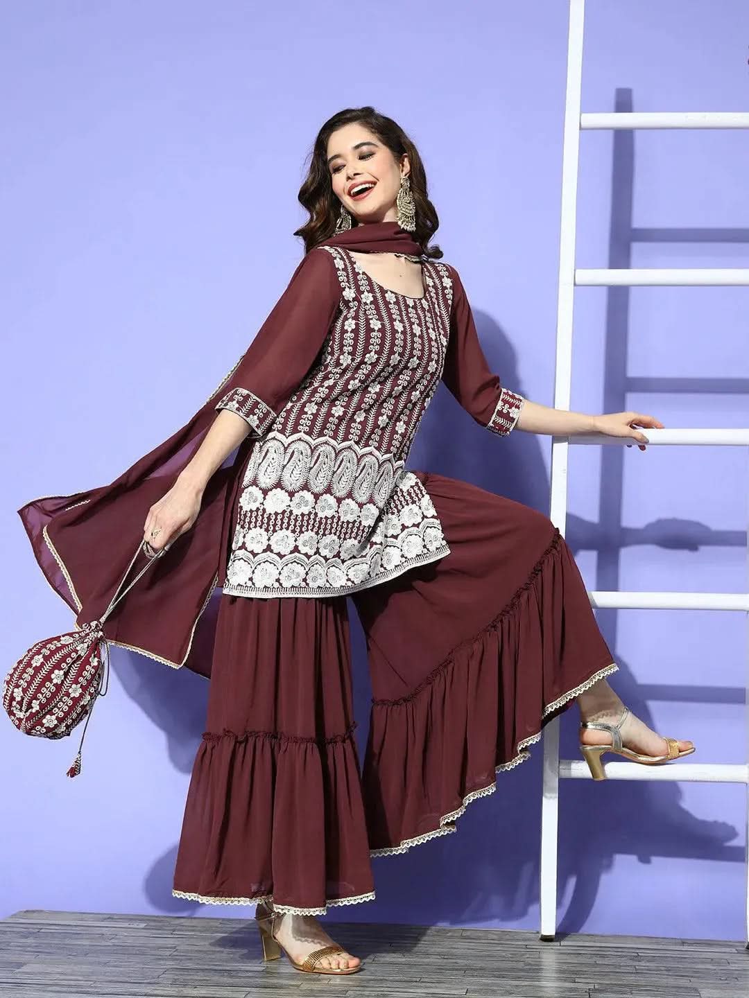 Burgundy Embroidered Georgette Straight Sharara Suit Set With Potli - Libas
