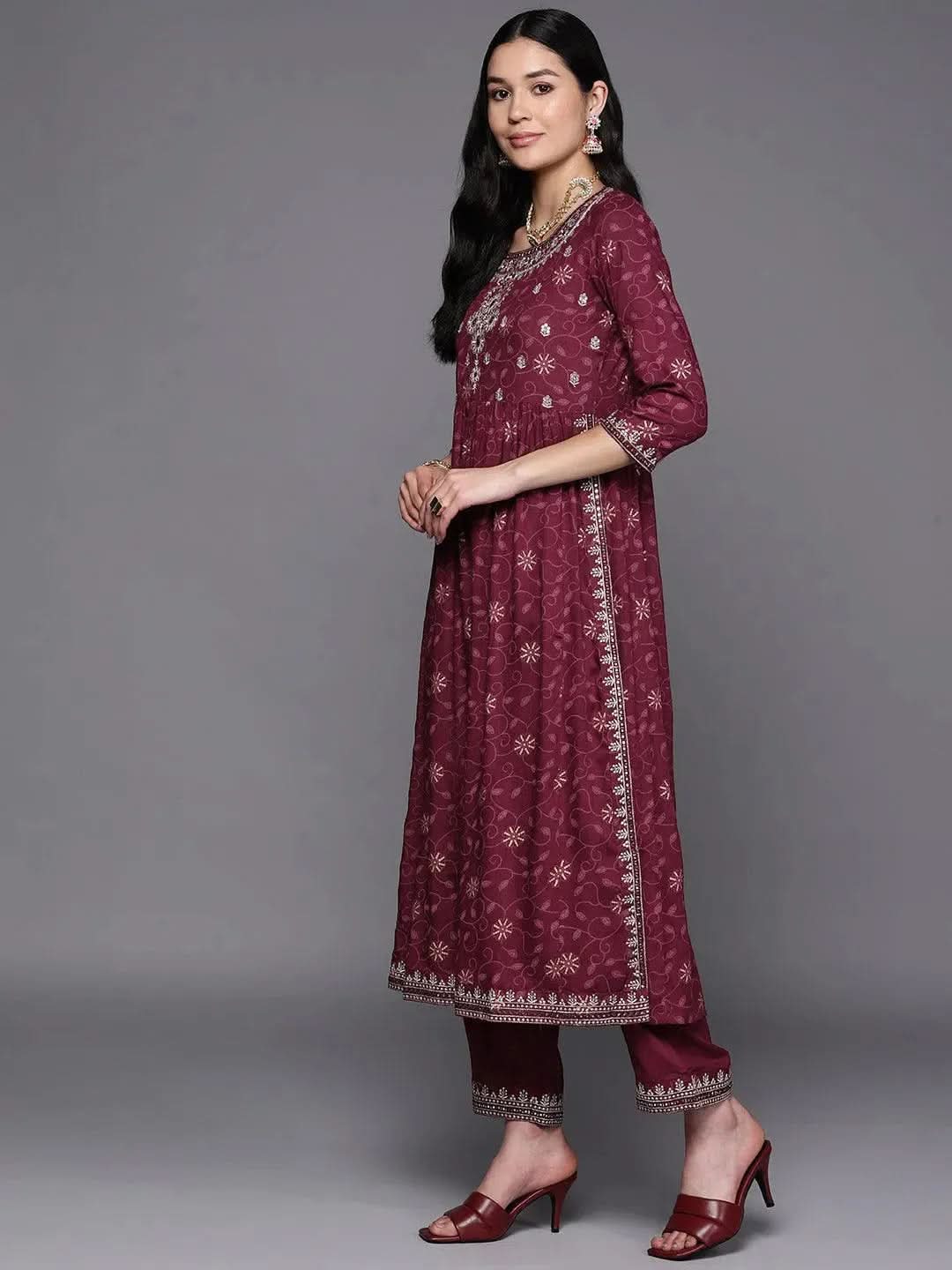 Burgundy Embroidered Rayon A-Line Suit Set With Trousers - Libas