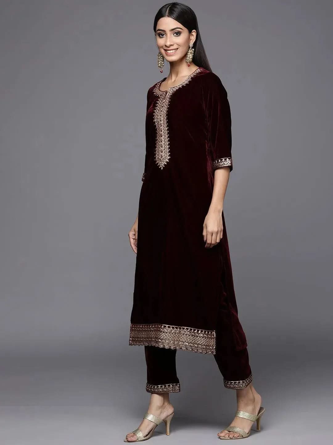 Burgundy Embroidered Velvet Straight Suit Set - Libas
