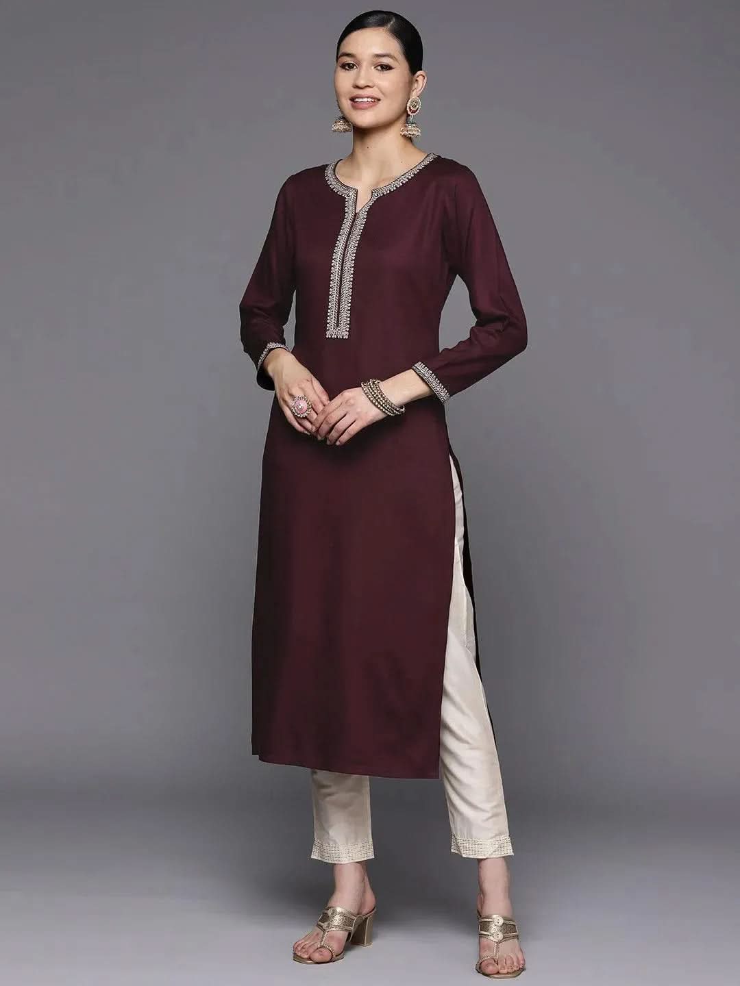 Women Burgundy Printed Straight Kurtas
