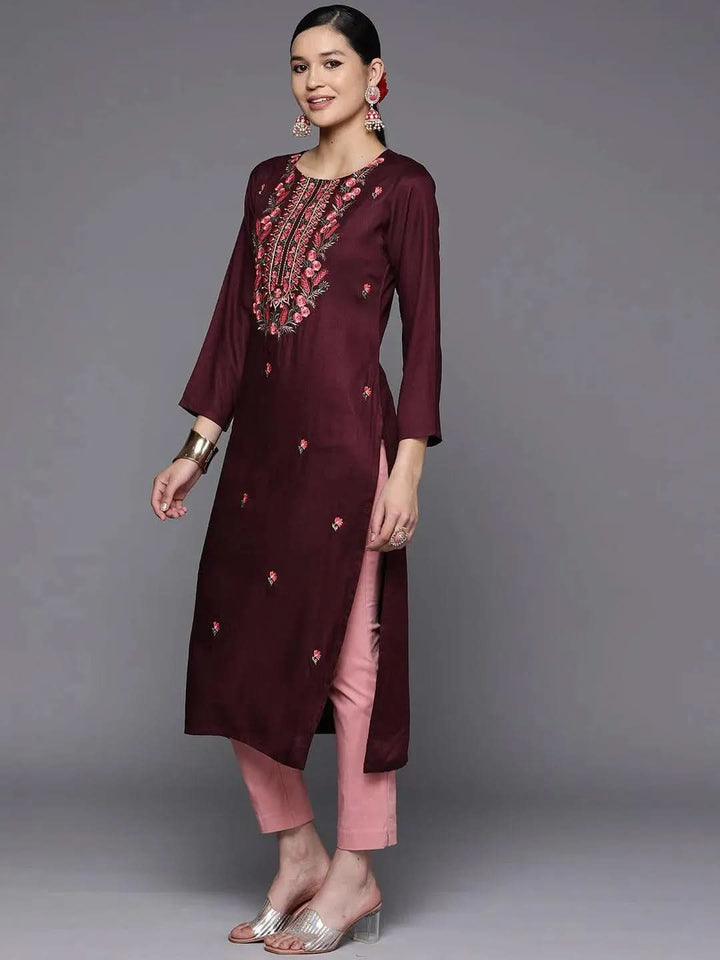 Burgundy Embroidered Wool Straight Kurta - Libas