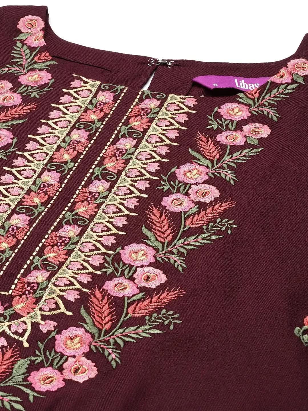 Burgundy Embroidered Wool Straight Kurta - Libas