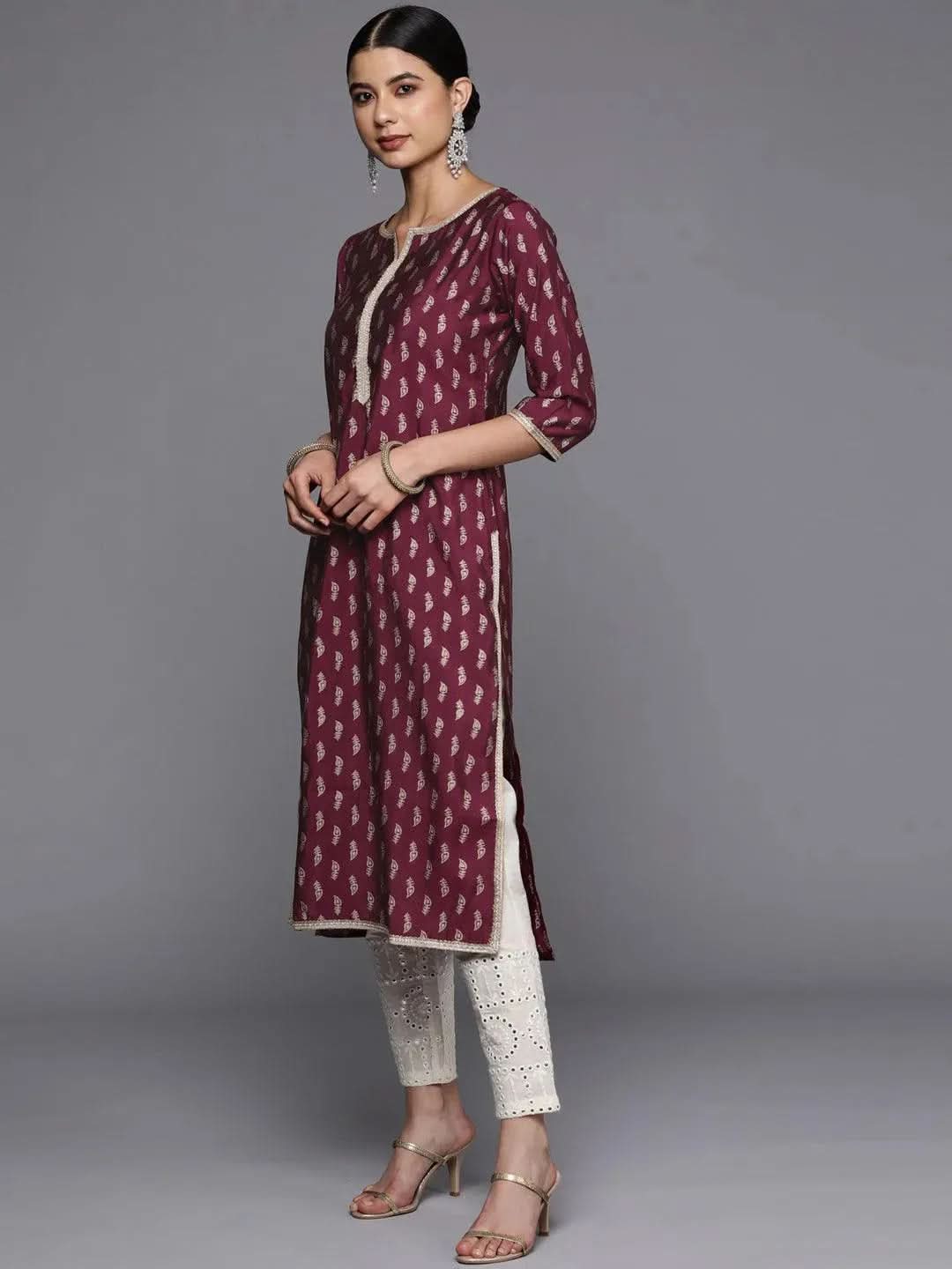 Burgundy Printed Silk Straight Kurta - Libas