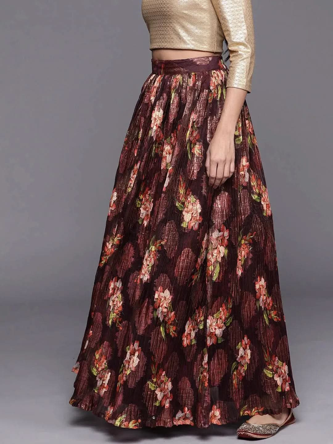 Burgundy Self Design Organza Skirt - Libas