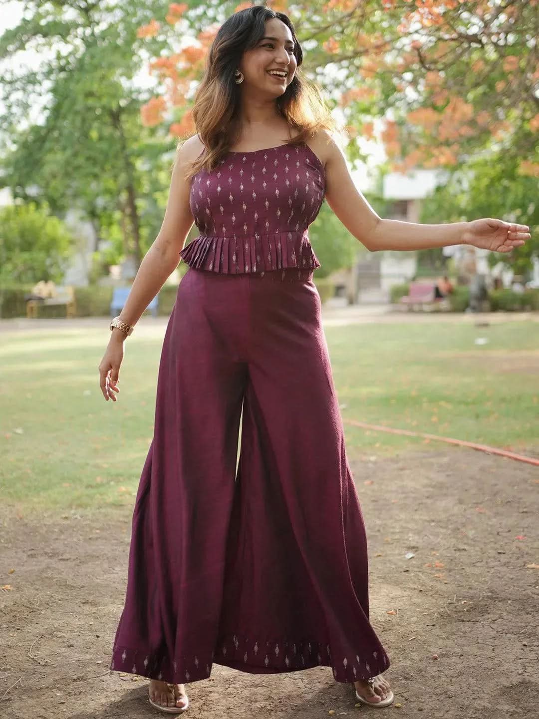 Burgundy Self Design Silk Blend Top With Palazzos
Burgundy Self Design Silk Blend Top With Palazzos