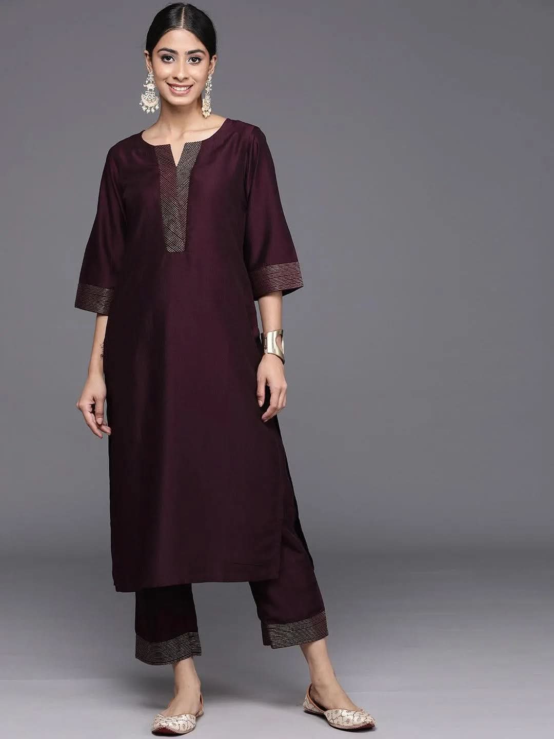Buy Burgundy Solid Silk Blend Straight Kurta With Trousers Online