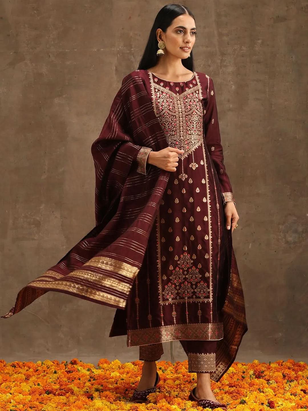 Burgundy Woven Design Silk Blend Straight Kurta With Trousers & Dupatta 
Burgundy Woven Design Silk Blend Straight Kurta With Trousers & Dupatta