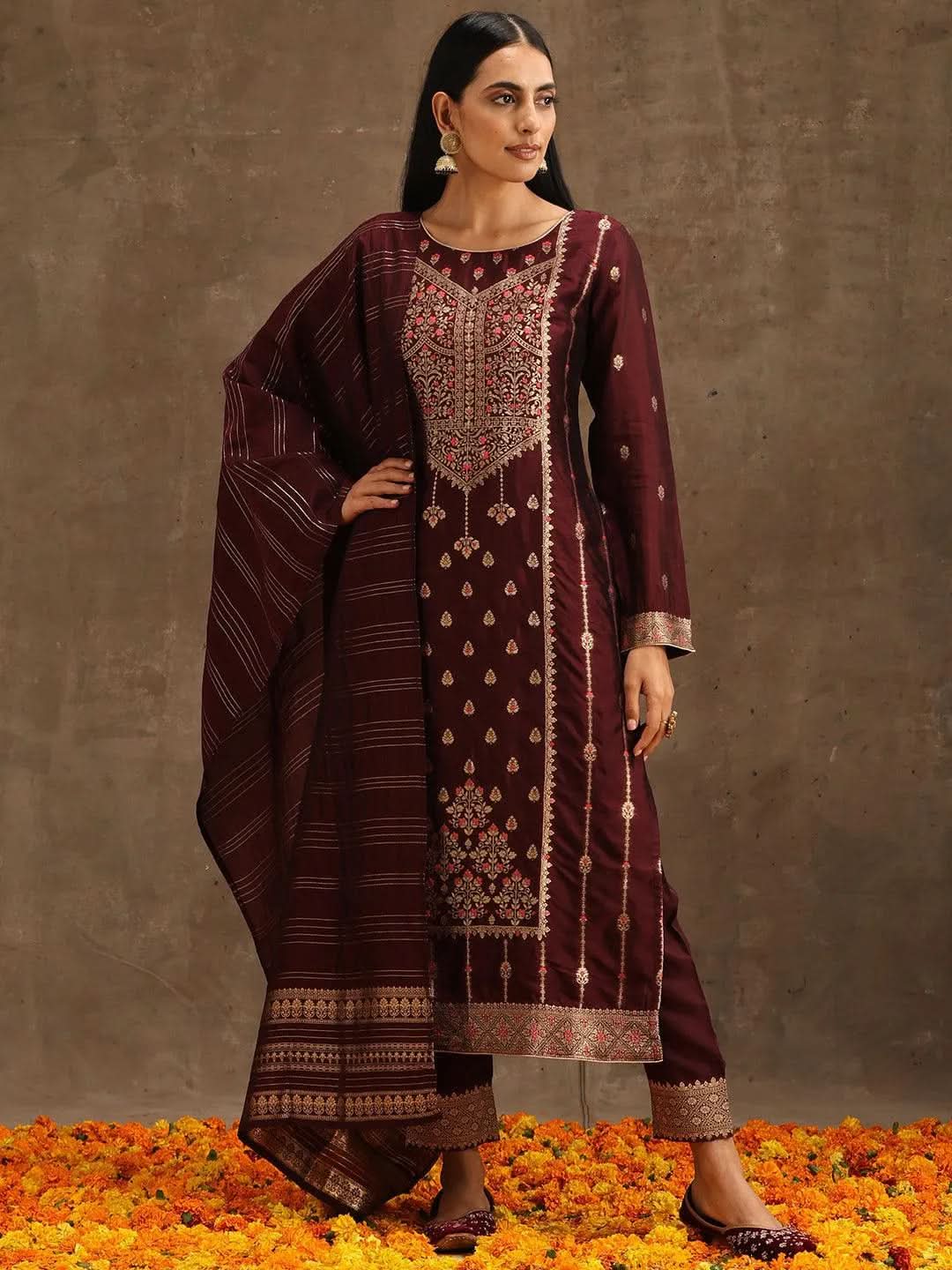Burgundy Woven Design Silk Blend Straight Suit Set With Trousers - Libas