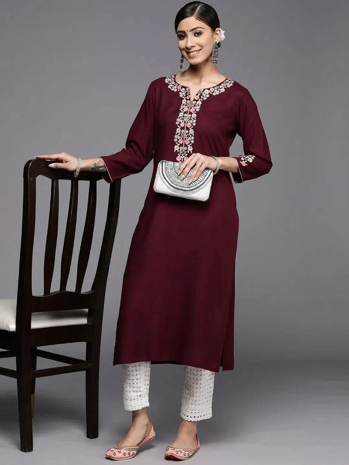 Burgundy Yoke Design Rayon Kurta - Libas