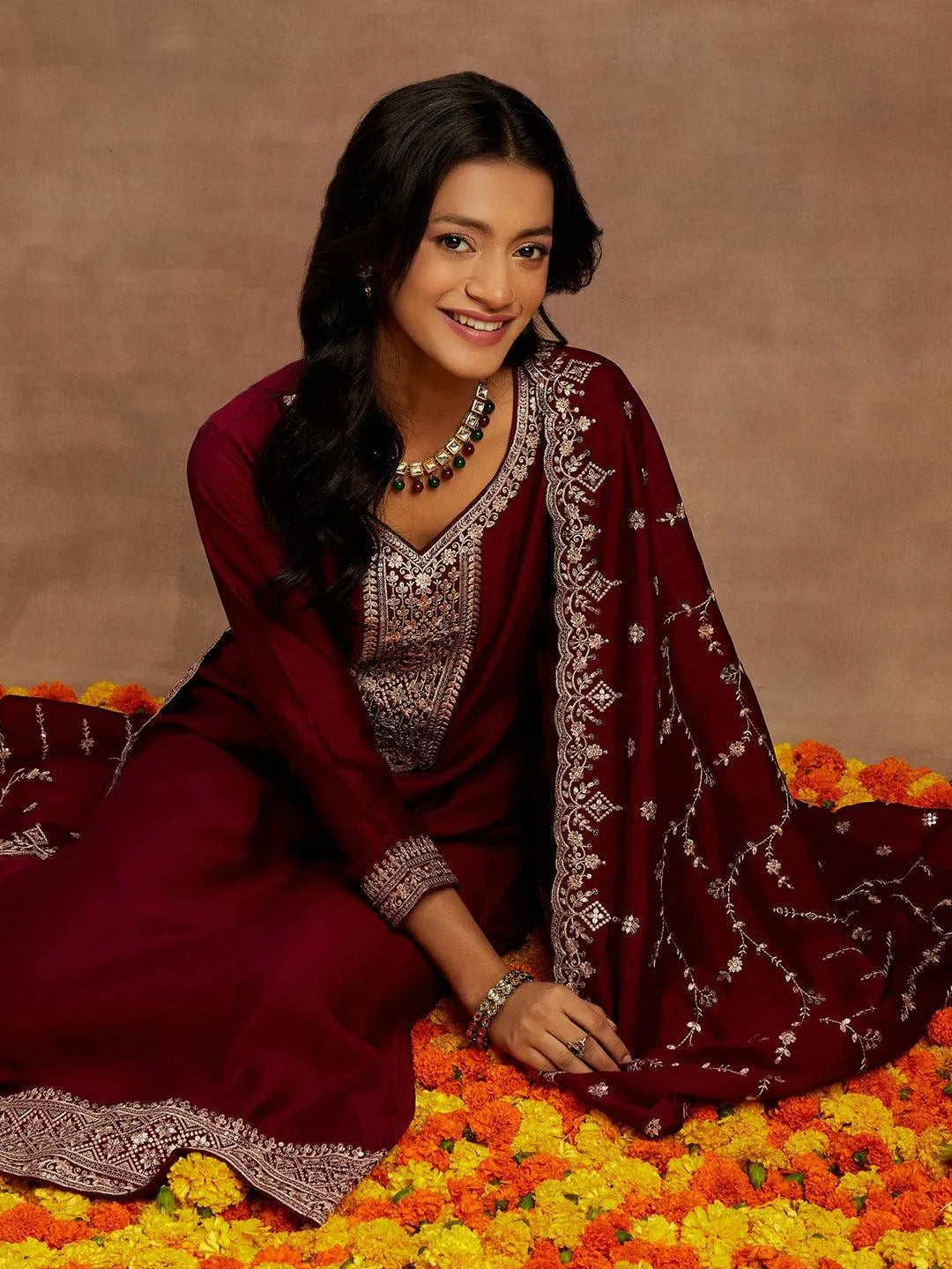 Buy Burgundy Yoke Design Silk Blend Straight Suit With Dupatta
