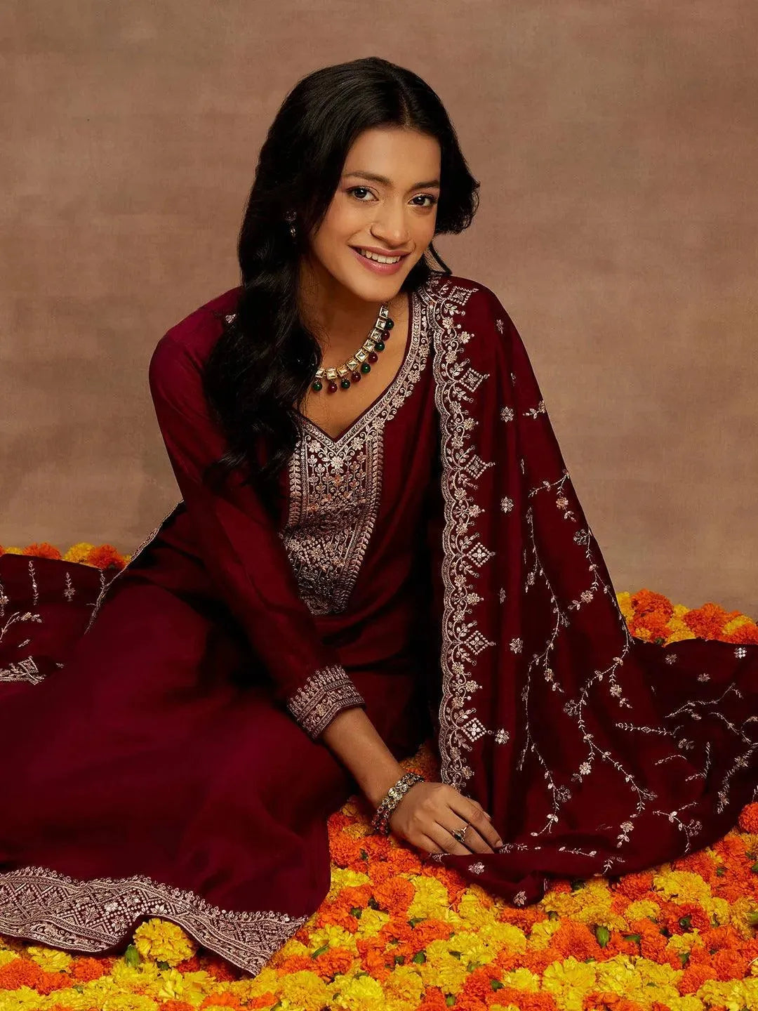 Burgundy Yoke Design Silk Blend Straight Kurta With Trousers & Dupatta - Libas