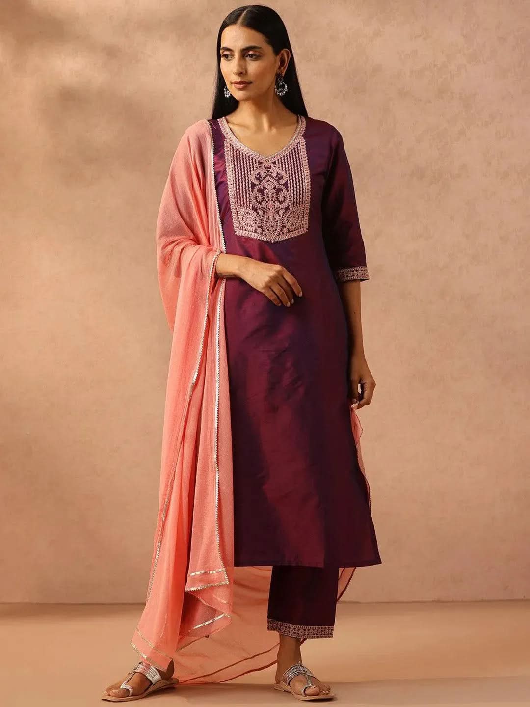 Burgundy Yoke Design Silk Blend Suit Set With Trousers - Libas