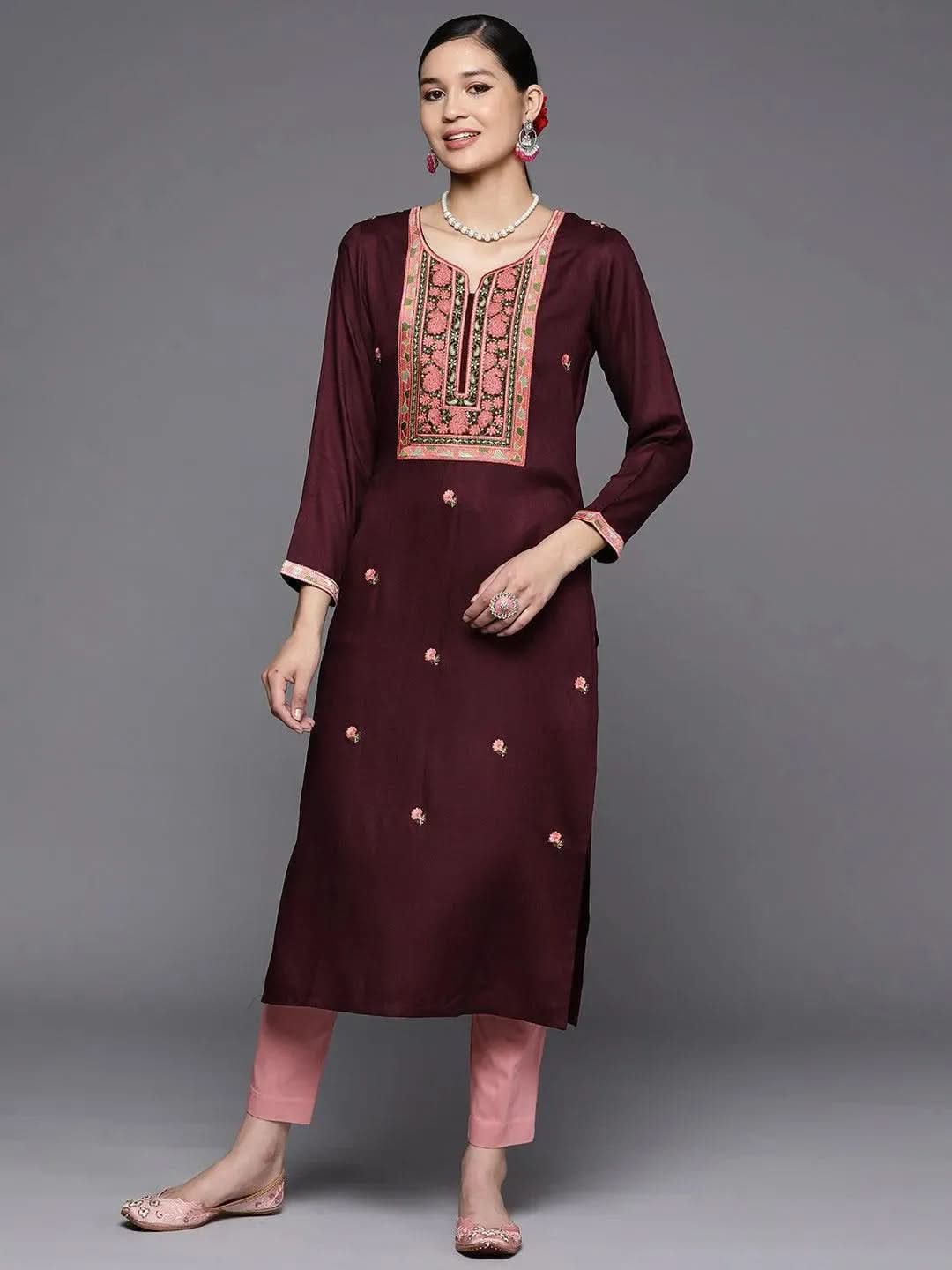 Maroon Yoke Design Wool Straight Kurta
