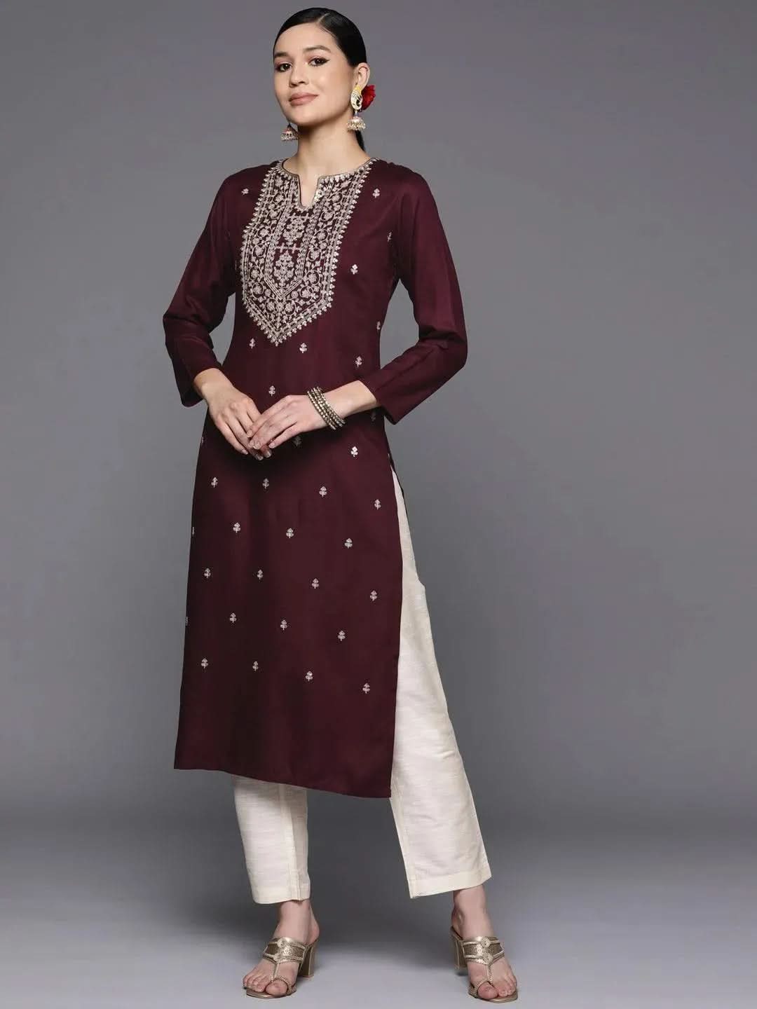 Burgundy Yoke Design Wool Straight Kurta - Libas