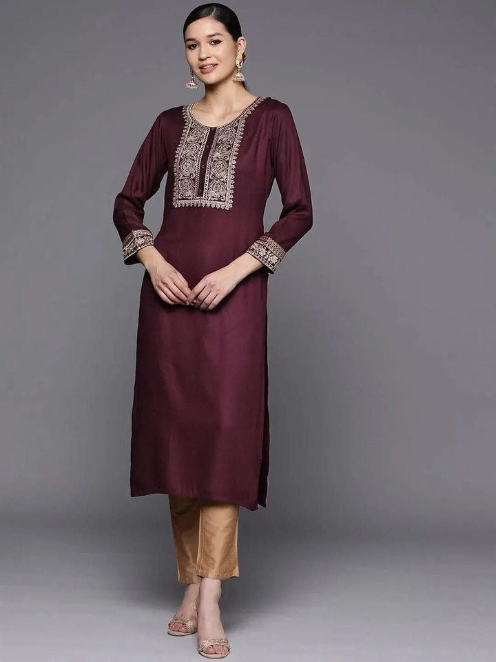 Burgundy Yoke Design Wool Straight Kurta - Libas