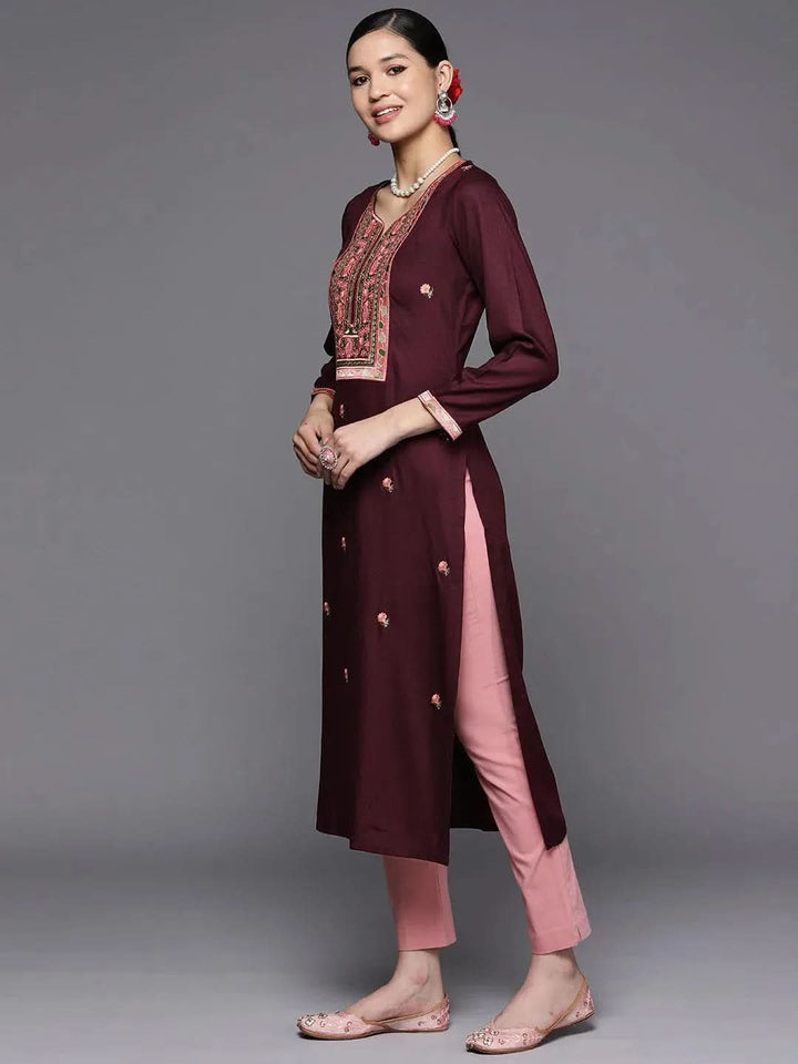 Burgundy Yoke Design Wool Straight Kurta - Libas