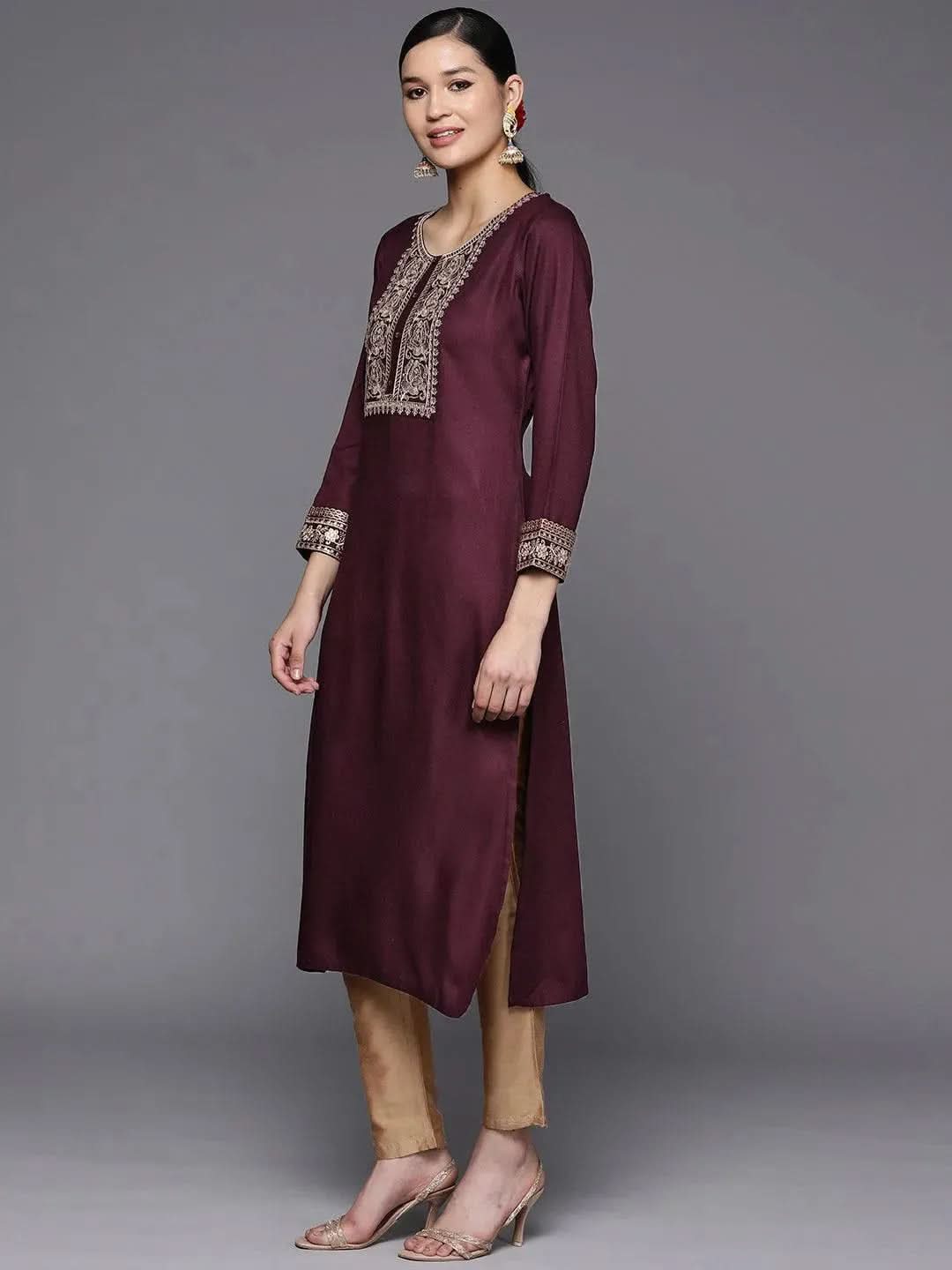 Burgundy Yoke Design Wool Straight Kurta - Libas