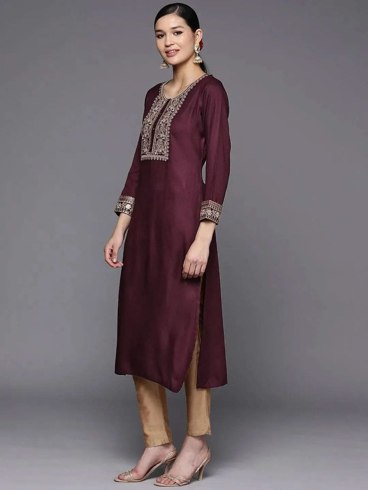 Burgundy Yoke Design Wool Straight Kurta - Libas