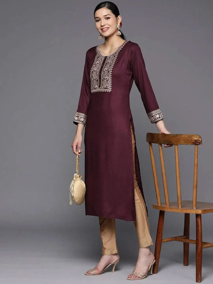 Burgundy Yoke Design Wool Straight Kurta - Libas