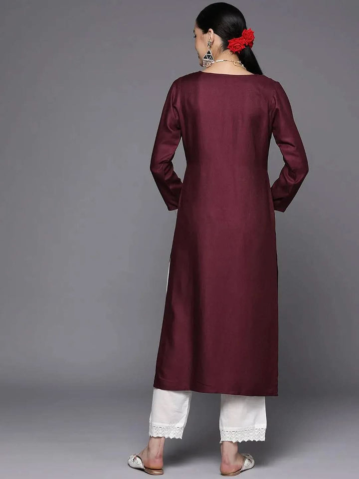 Burgundy Yoke Design Wool Straight Kurta - Libas