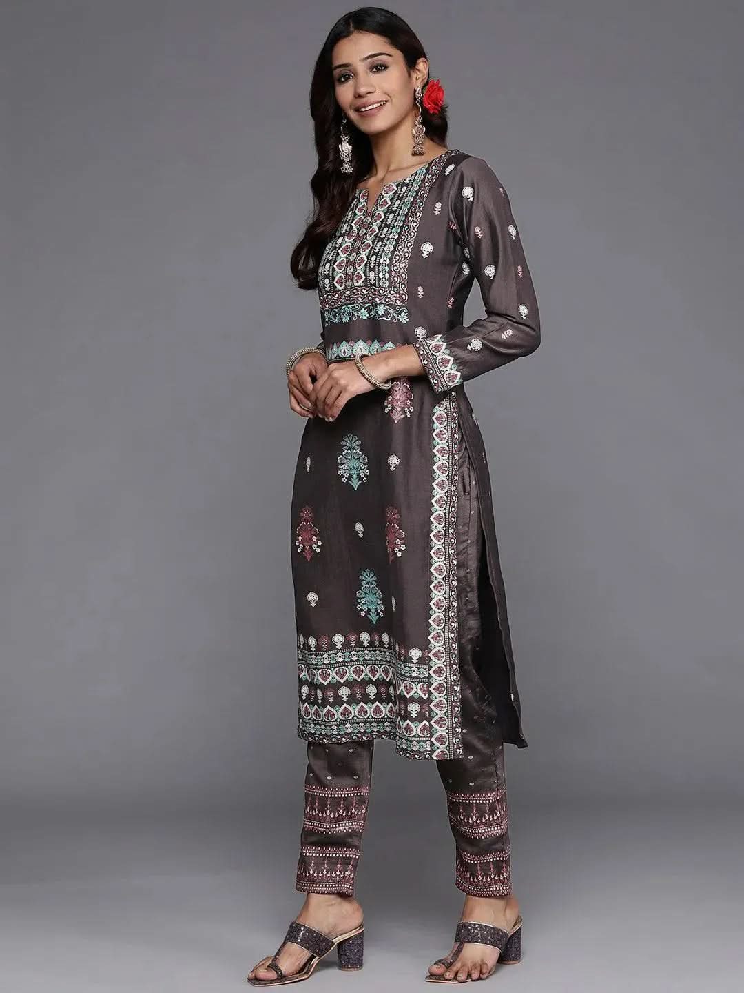Charcoal Printed Silk Blend Straight Suit Set With Trousers - Libas
