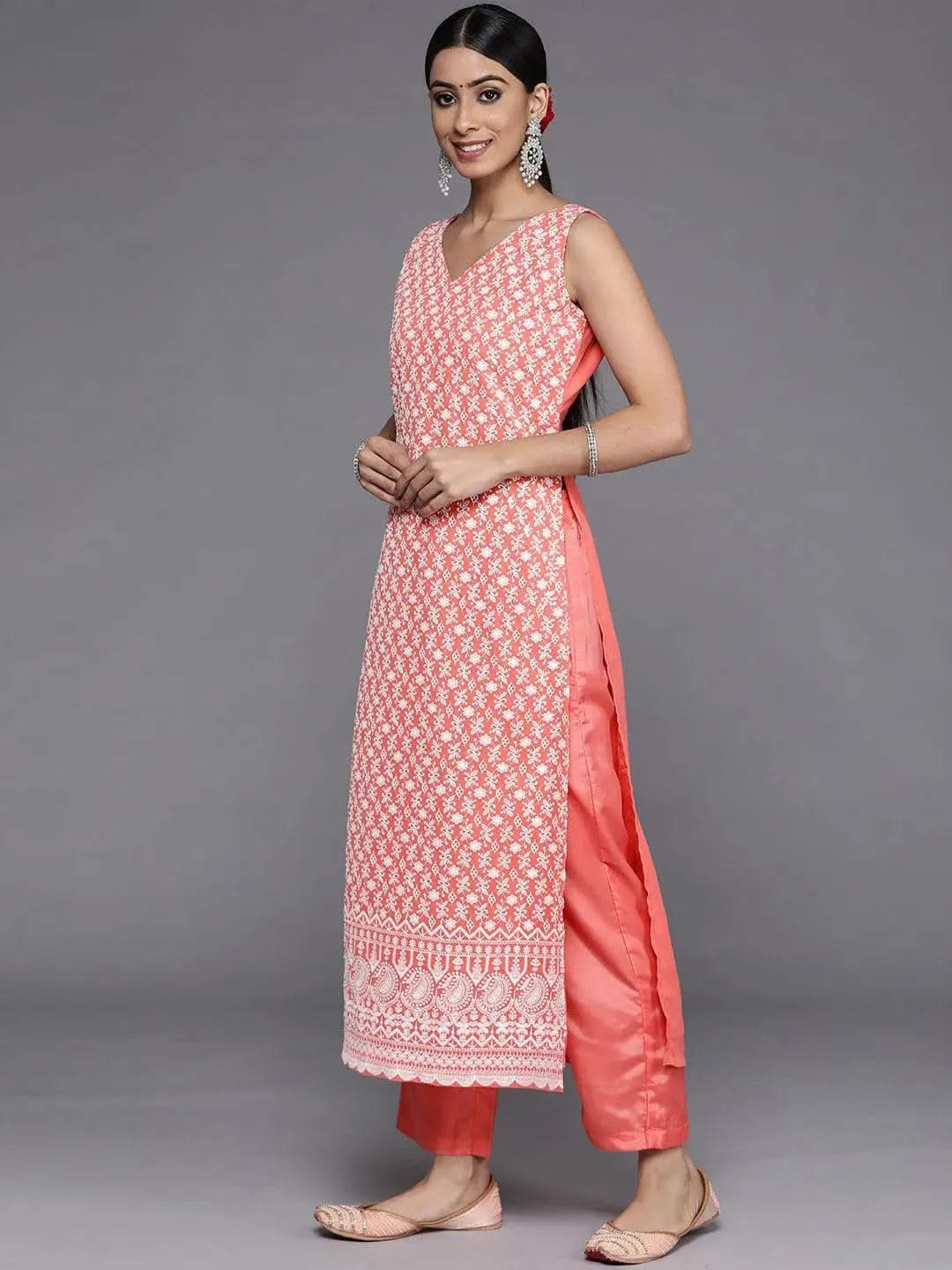 Coral Embroidered Georgette Straight Suit Set With Trousers - Libas