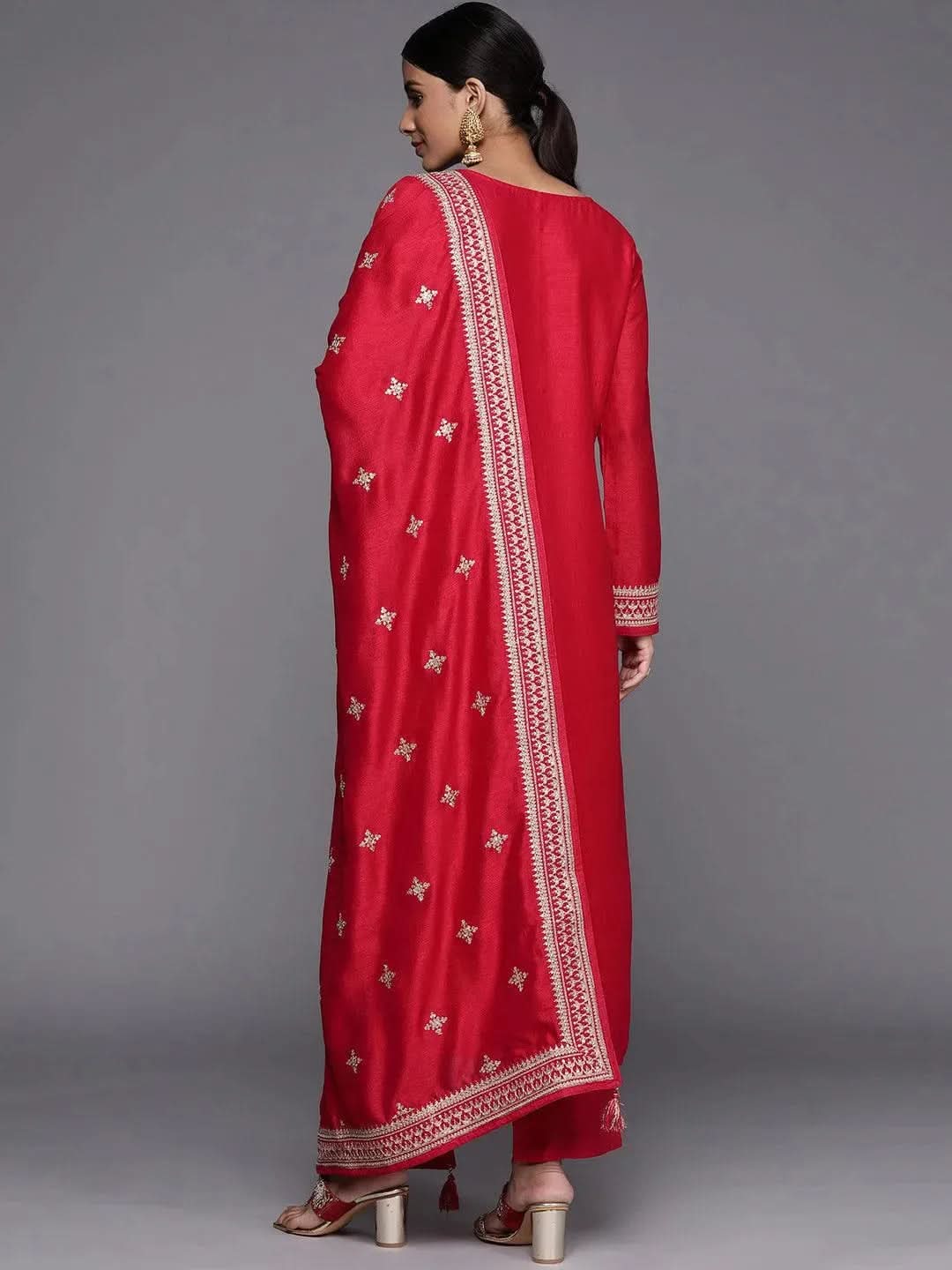 Coral Embroidered Silk Blend Straight Suit Set - Libas