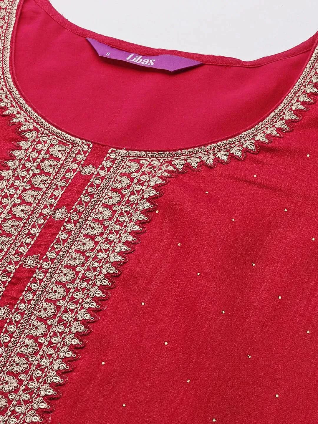 Coral Embroidered Silk Blend Straight Suit Set - Libas