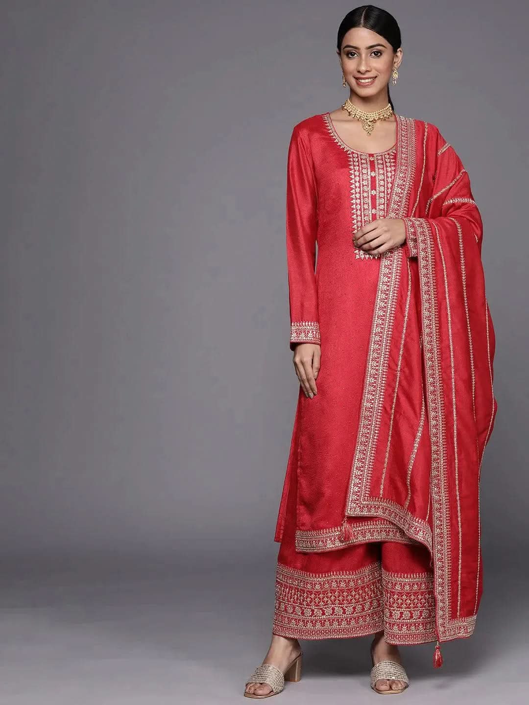 Coral Embroidered Silk Blend Straight Suit Set - Libas