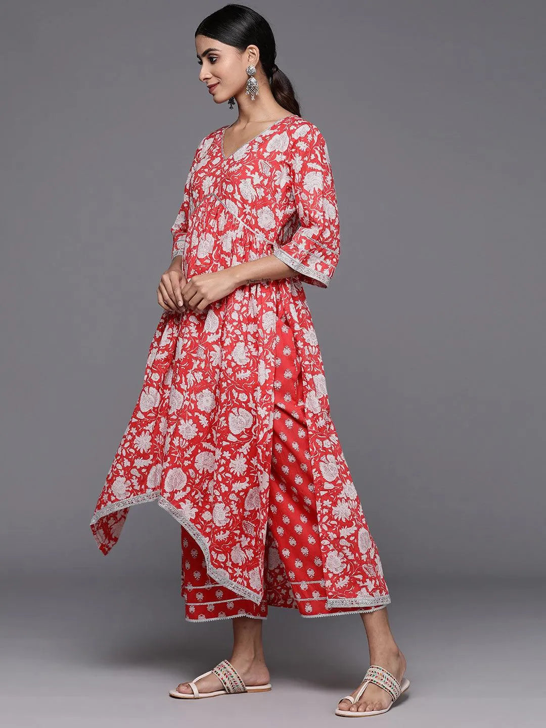Coral Printed Cotton A-Line Kurta With Palazzos & Dupatta - Libas