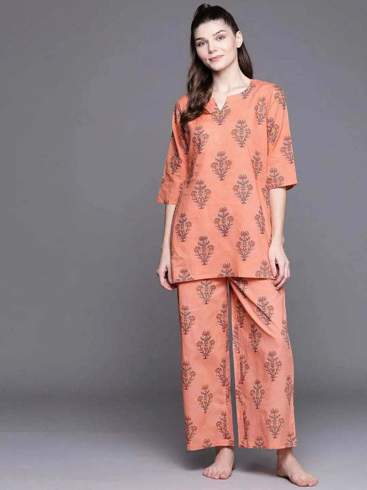 Coral Printed Cotton Night Suit - Libas