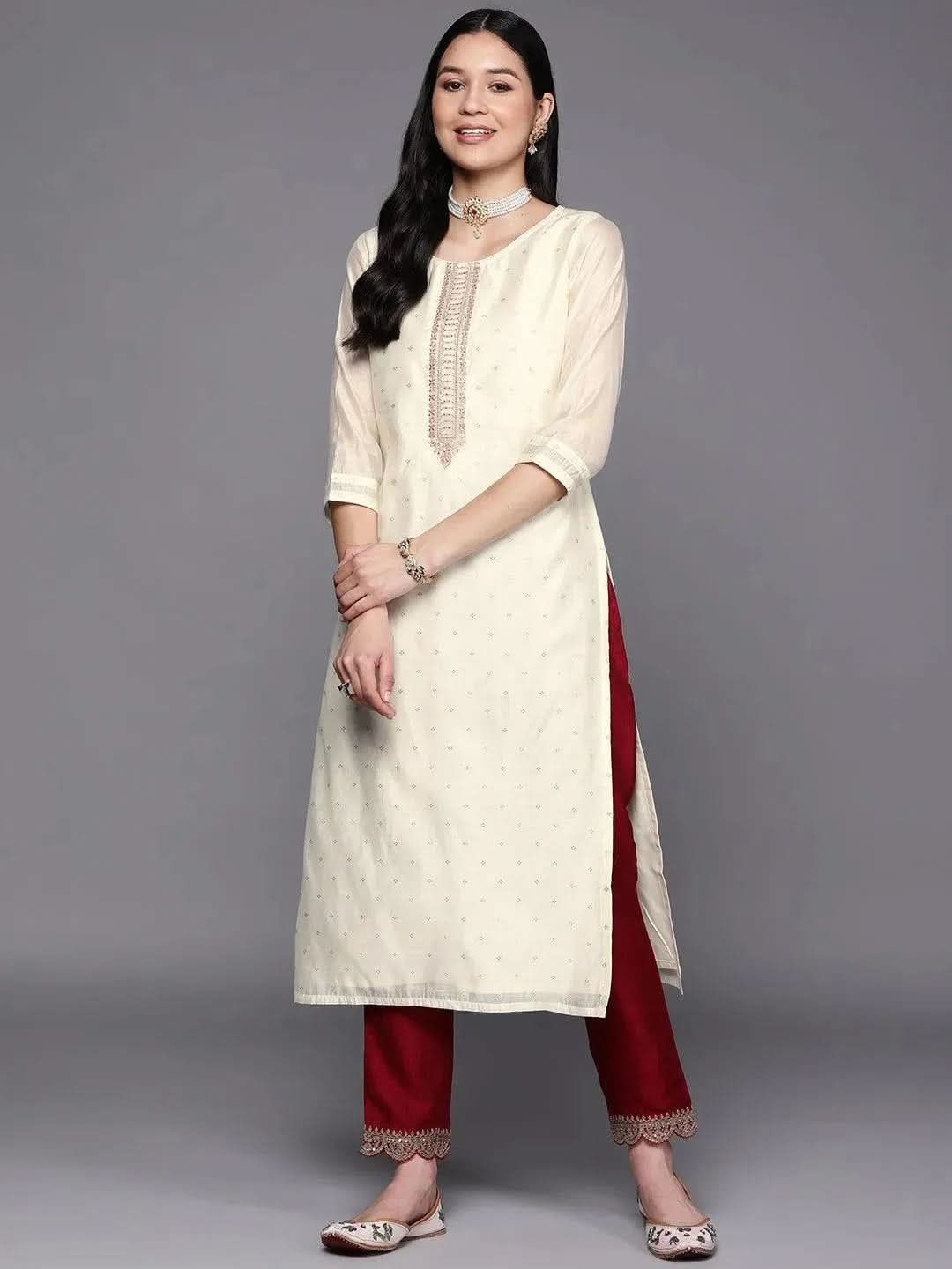 Cream Embroidered Chanderi Silk Straight Kurta - Libas