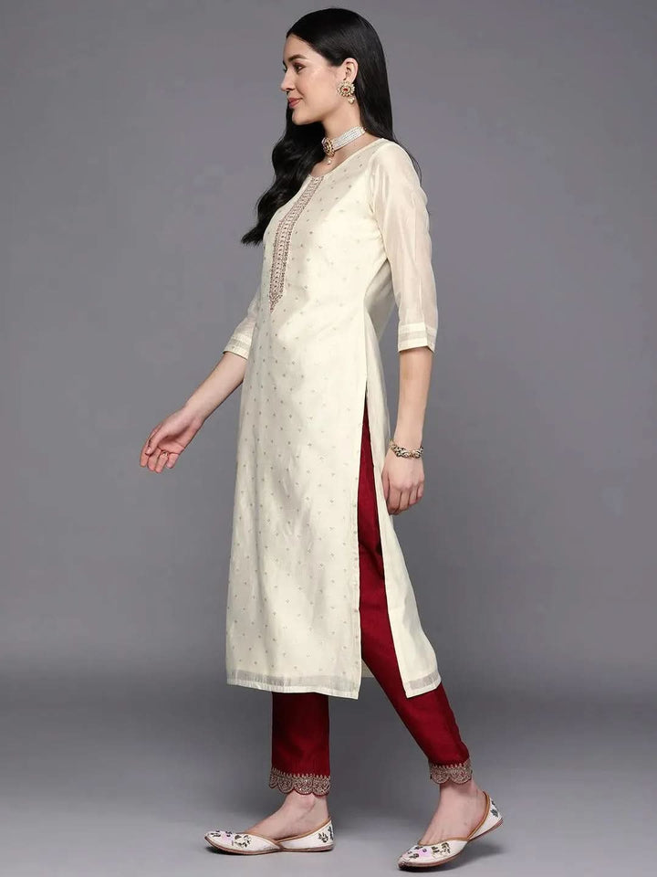 Cream Embroidered Chanderi Silk Straight Kurta - Libas