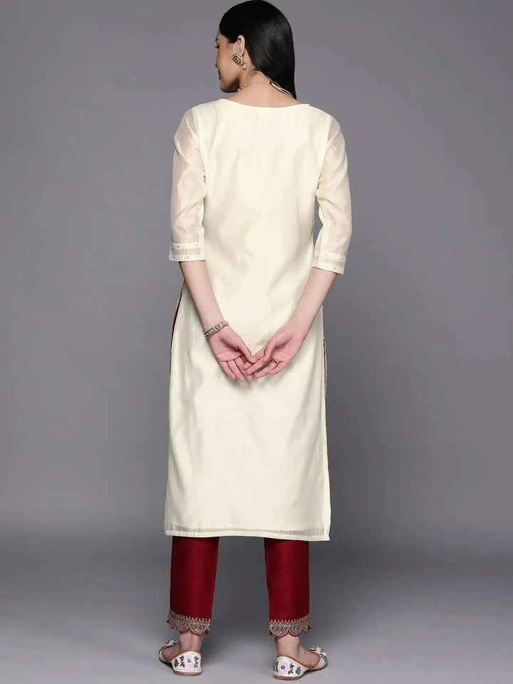Cream Embroidered Chanderi Silk Straight Kurta - Libas