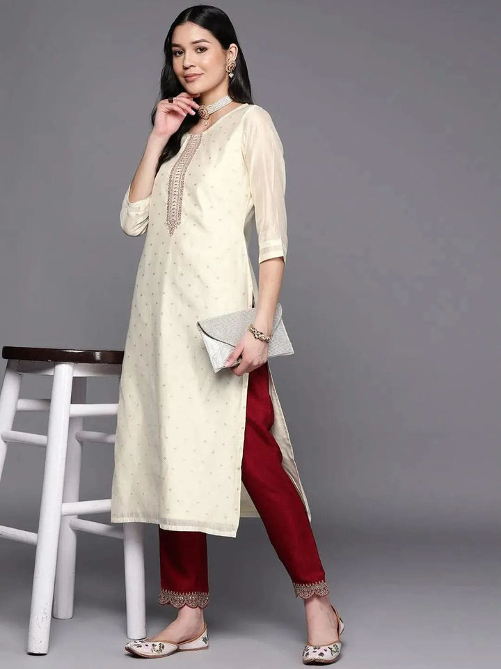 Cream Embroidered Chanderi Silk Straight Kurta - Libas